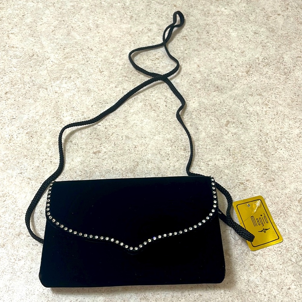 BNWT MAGID BLACK VELVET & CRYSTAL TRIM EVENING PURSE WITH STRAP OR CLUTCH STYLE